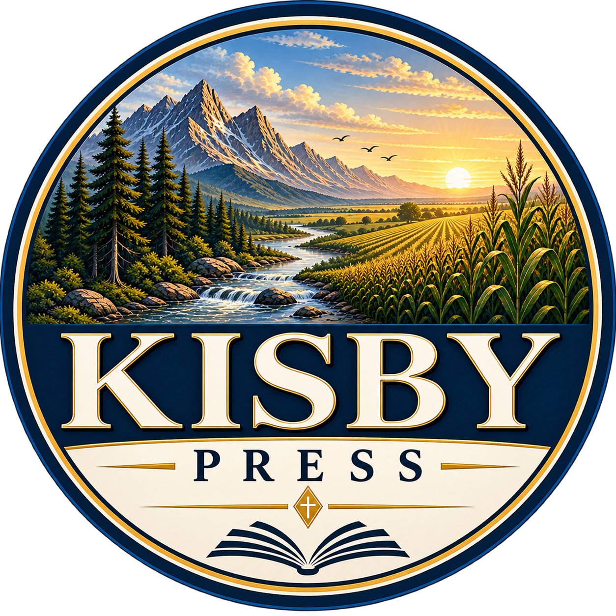 Kisby Press badge with mountain and river landscape, open book and cross